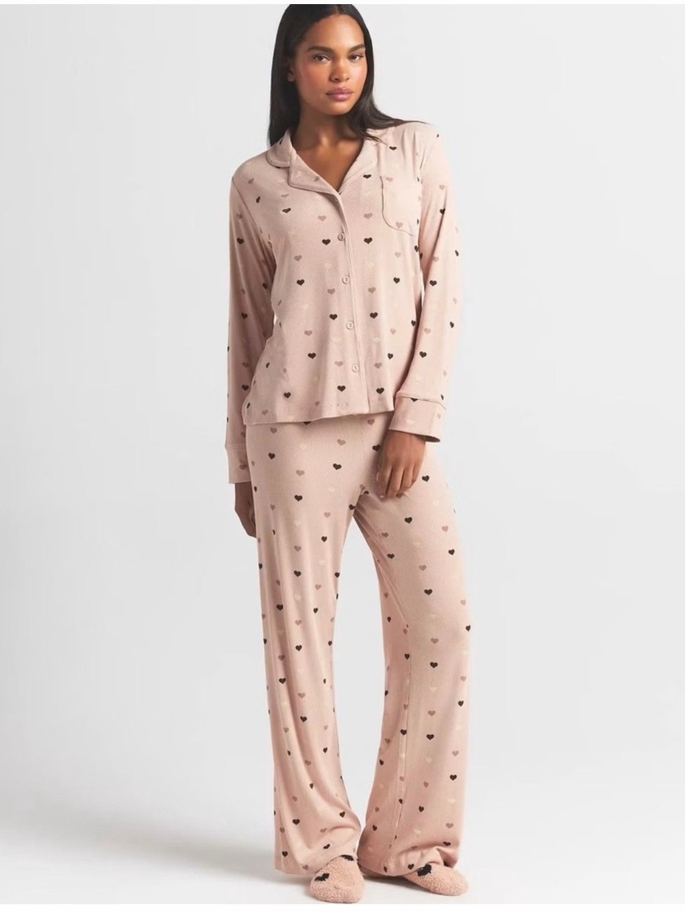 SKIMS Blush Pink Heart-Print Long Pajama Set